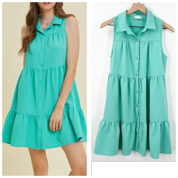 Heyson Teal Textured Woven Tiered Ruffle Flare Button Down Dress - Picture 1 of 7